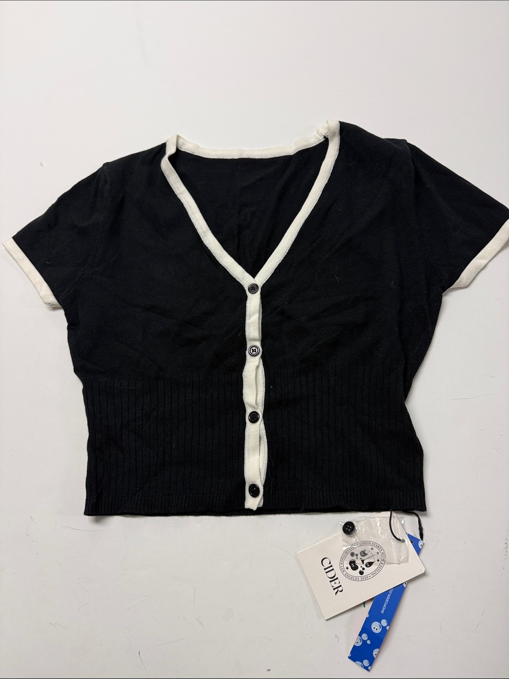 Cider Black Knit Crop Top with Cream Trim